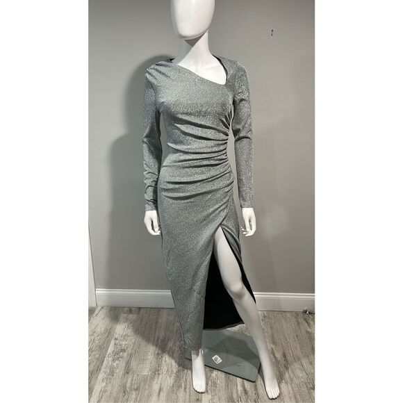 Alexis Admor Cutout Silver Ruched Shimmer Gown Size Small - Picture 4 of 10
